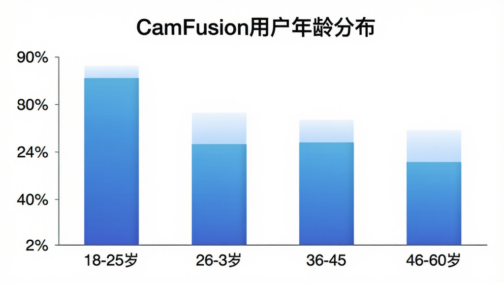 һ��չʾCamFusion�û�����ֲ�����״ͼ������Ϊ����Σ�18-25�ꡢ26-35�ꡢ36-45�ꡢ46-60�꣬����Ϊ�û�ռ�Ȱٷֱȣ���״ͼ��ɫΪ������ɫ��������ɫ��ͼ���Ϸ��С�CamFusion�û�����ֲ����������֣������������ݿ��ӻ��������������޶���װ��Ԫ�ء�