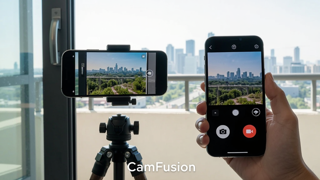 һ��չʾCamFusionԶ�̿�������¼���ܵĳ���ͼ��������һ���ֻ��������ż��϶��Ŵ���羰����һ���ֻ�����������ʾ���ƽ��棬�����������հ�ť��¼��ť����������̨��Զ���ĳ�������ߣ����дʵ��Ӱ�У�����������Ȼ�������·��С�CamFusion������ˮӡ�����幹ͼ��࣬���ʸ��壬������Ԫ�ء�