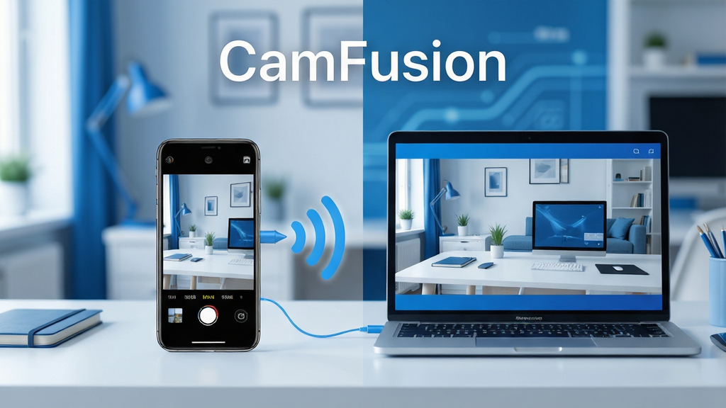 һ��չʾCamFusion�������Ĺ��ܵĳ���ͼ������������һ�������ֻ���һ̨�ʼǱ�����ͨ�������ź����ӣ��ֻ���Ļ��ʾ���ȡ�����棬������Ļͬ����ʾ��ͬ���棬�����Ǽ����ִ��ӼҰ칫���棬��������ˬ�Ƽ��У�������ɫΪ��������ɾ��޶���Ԫ�أ��߻��ʣ�ϸ���������������ҷ����Աȣ����ֱ�ע��CamFusion���ڻ��涥������λ�ã��������ִ���