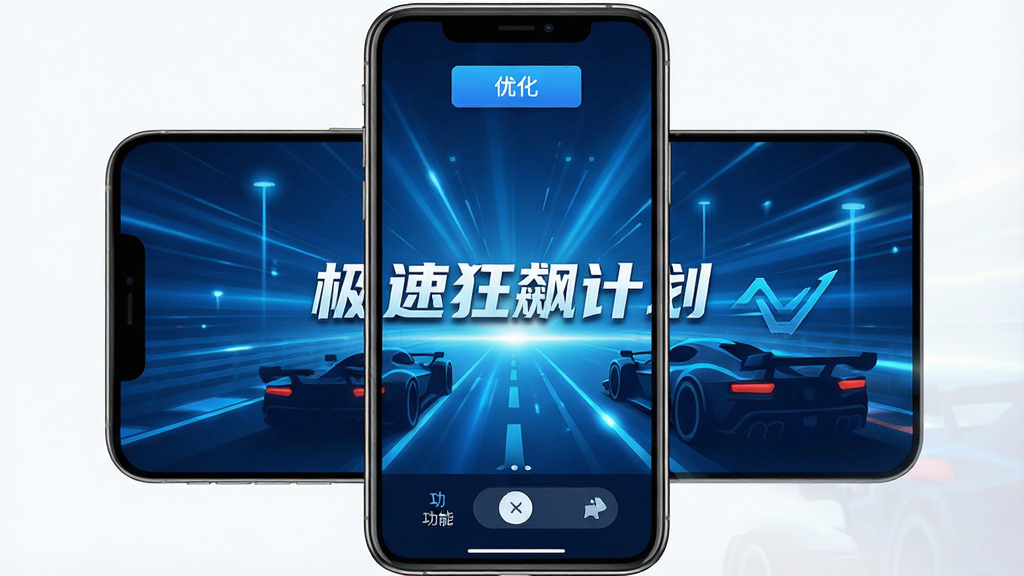 一张展示“极速狂飙计划”软件主界面的图片,画面主体是手机屏幕,屏幕中央显示软件名称“极速狂飙计划”,背景是充满科技感的蓝色光效和飞驰的赛车剪影,布局简洁,顶部有优化按钮,底部有功能切换栏,风格现代扁平,细节清晰,画质干净无多余元素
