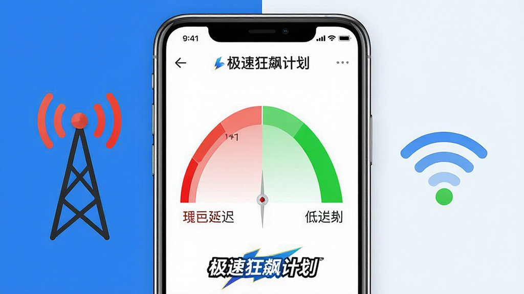 一张展示“极速狂飙计划”网络优化界面的AI生图,画面主体是一个手机屏幕显示网络延迟从红色高延迟变为绿色低延迟的过程,旁边有信号塔和WiFi图标,布局为左右对比,风格简洁直观,细节处有“极速狂飙计划”标识,画质干净无多余元素