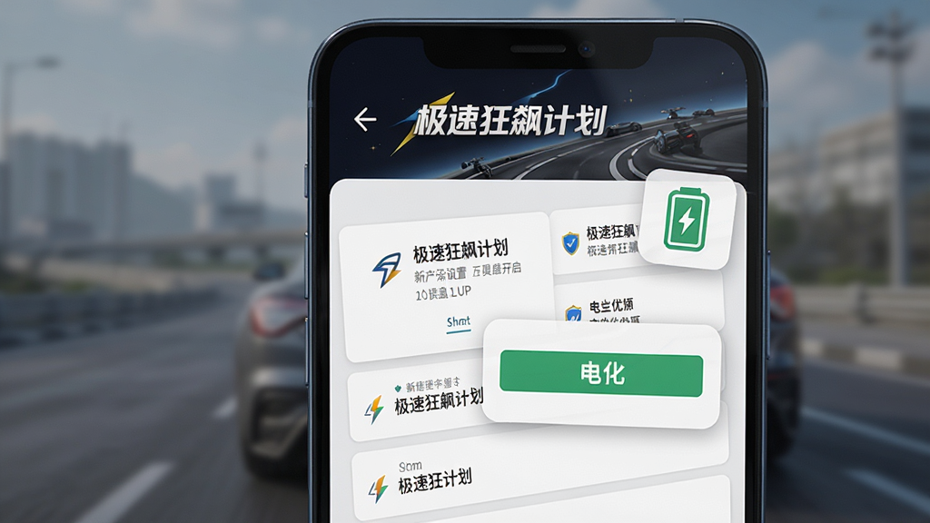 一张展示“极速狂飙计划”新手设置引导界面的AI生图,画面主体是手机屏幕显示权限开启步骤,带有悬浮窗和电池优化图标,布局为纵向列表,风格清晰易懂,细节处有“极速狂飙计划”文字,画质干净无多余元素