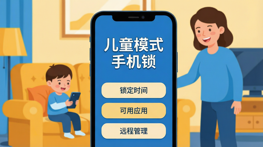 һ��չʾ��ͯģʽ�ֻ���App�������ͼƬ�������������ֻ���Ļ����Ļ����ʾ����ͯģʽ�ֻ������������֣��·��С�����ʱ�䡱������Ӧ�á���Զ�̹�����������ť����������ܰ�ļ�ͥ����������һ��С������ɳ���Ͽ����ֻ���һλ�ҳ�վ���Ա�΢Ц���������Ǳ�ƽ����ͨ�廭��ɫ������ɫ��ů��ɫΪ�����������������ֱ�ǩ��ȷ�����ʸɾ����޶���Ԫ��