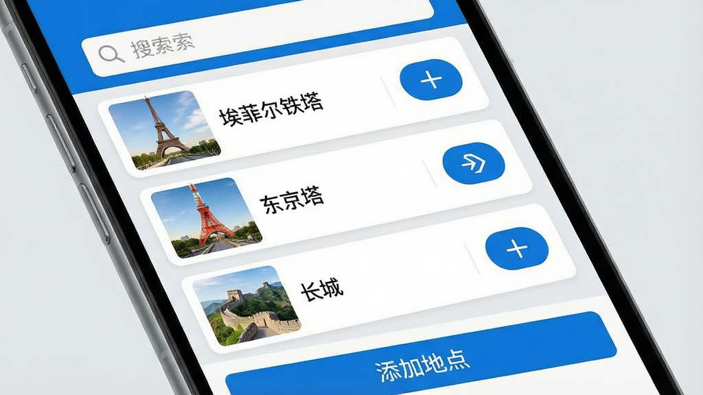 穿越任意门软件的地点收藏夹功能界面,手机屏幕显示一个收藏列表,里面有“埃菲尔铁塔”“东京塔”“长城”等地点卡片,每个卡片左侧有缩略图,右侧有传送按钮,顶部有搜索栏,底部有“添加地点”按钮,界面风格清新简约,蓝白配色,文字清晰,背景是浅灰色,画质干净无多余元素