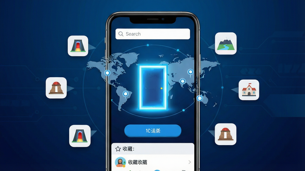 一张展示穿越任意门软件核心全貌的图片,画面中央是一部智能手机,手机屏幕上显示穿越任意门的应用界面,界面中央有一扇发光的蓝色传送门,门周围环绕着世界地图的坐标点,顶部有搜索框,底部有传送按钮和收藏列表,背景是深蓝渐变的科技风格,画质干净清晰,无多余元素,手机周围漂浮着几个小图标代表不同地点,整体风格现代扁平,文字标签清晰易读