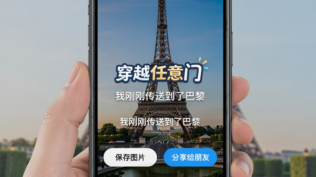 穿越任意门软件的分享截图功能界面,手机屏幕显示一张生成好的分享图,背景是埃菲尔铁塔的图片,上面有“穿越任意门”的logo和“我刚刚传送到了巴黎”的文字,下方有“保存图片”和“分享给朋友”两个按钮,界面风格活泼,色彩明亮,画质干净无多余元素