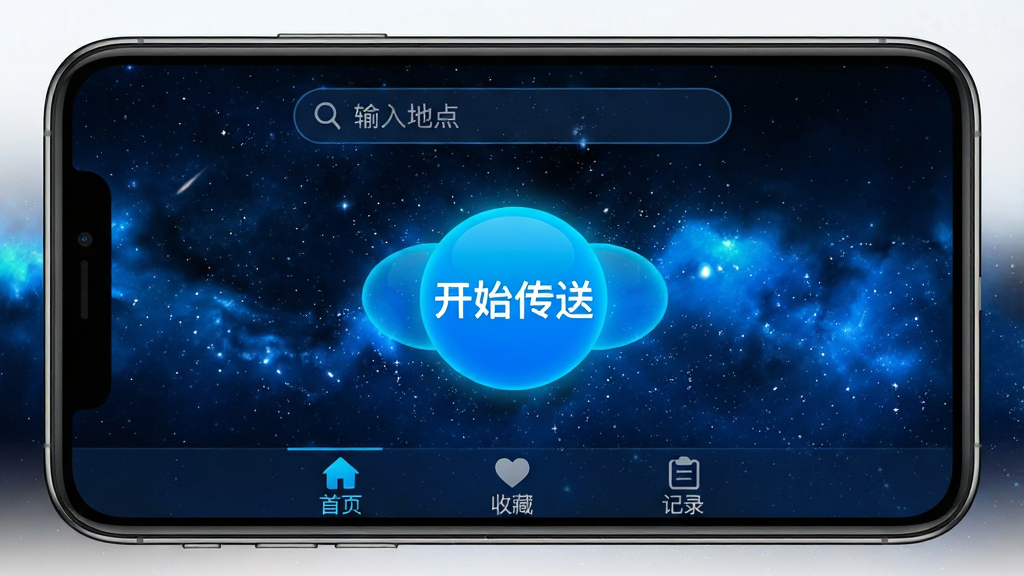 穿越任意门软件的新手操作界面,手机屏幕显示传送主页面,中央有醒目的“开始传送”按钮,顶部有搜索框写着“输入地点”,底部有三个标签“首页”“收藏”“记录”,界面背景是深蓝色星空,按钮是亮蓝色圆形,文字清晰,画质干净,无多余元素