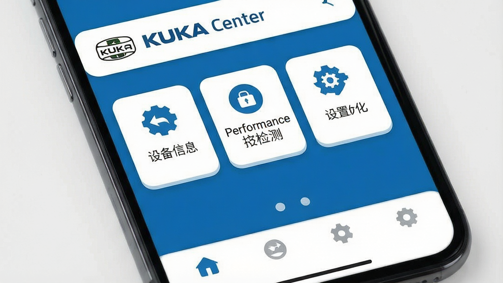 一张展示KUKA Center手机应用主界面的图片,主体是手机屏幕特写,布局为顶部显示KUKA Center的Logo和名称,中间是功能卡片式排列的图标,包括设备信息、性能检测、设置优化等模块,底部是简洁的导航栏,整体风格为现代扁平化设计,蓝白配色为主,细节圆润,画质清晰干净,无多余元素,文字标注为“KUKA Center”。