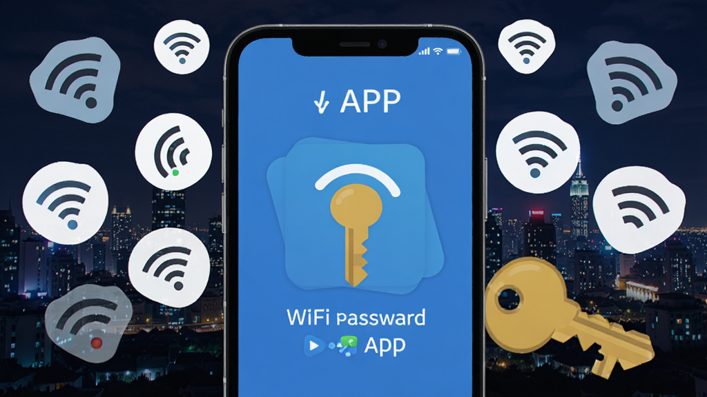 �ֻ���Ļ��д����ʾWiFi����Կ��APP�����棬��ɫ���⣬�����࣬��Χ�����Ÿ���WiFi�ź�ͼ���һ�ѽ�ɫ��Կ�ף������Ƿ����ĳ���ҹ��������ִ���ƽ�������������ɾ��޶���Ԫ��
