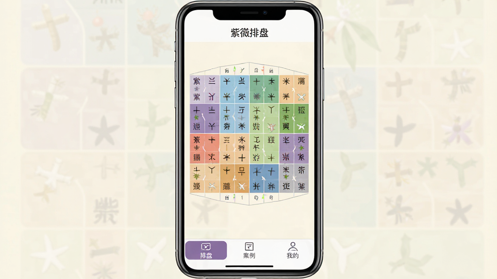 紫薇排盘软件主界面截图,手机屏幕居中展示,背景是淡雅的米白色,顶部显示软件名称“紫薇排盘”,中间是十二宫格排盘图,星曜名称清晰排列,底部有“排盘”“案例”“我的”三个选项卡,风格简洁现代,画质干净无多余元素