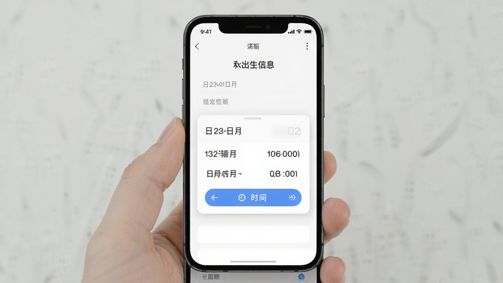 紫薇排盘新手操作示意图,手机屏幕显示输入出生信息的界面,日期和时间选择器弹出,界面简洁,背景为白色,风格扁平,画质干净无多余元素
