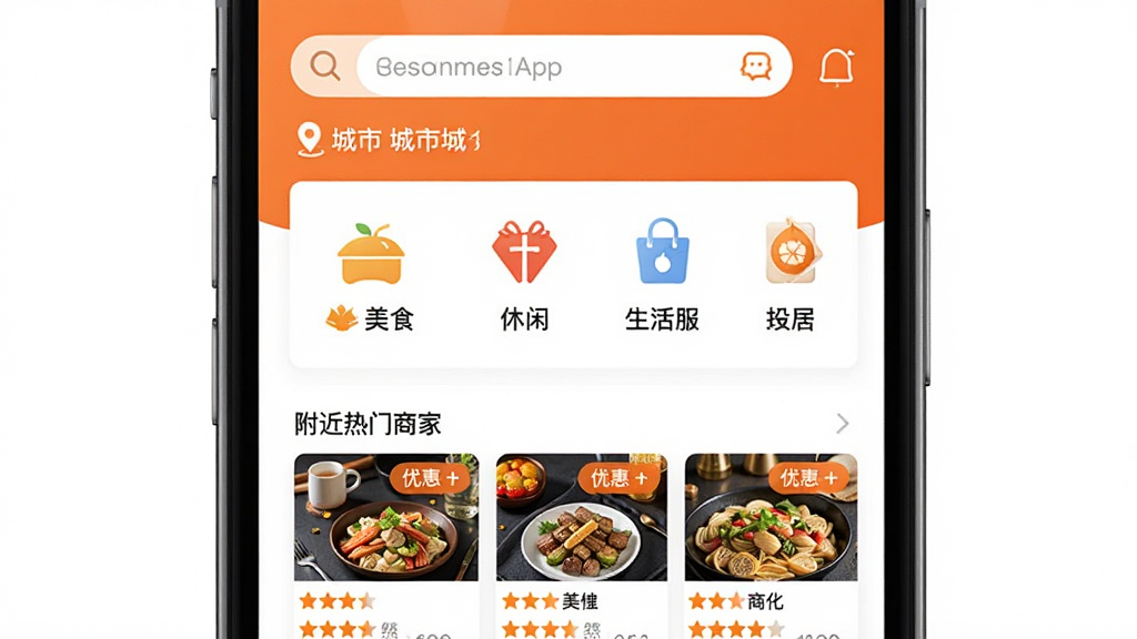 һ��չʾ������App���Ľ�����ֻ�����ͼ�������������ֻ���Ļ����Ļ����ʾ��������ҳ���������������ͳ��ж�λ���м�����ʳ�����С��������ȷ���ͼ�꣬�·��Ǹ��������̼��б���ÿ���̼ҿ�Ƭ�������ֺ��Żݱ�ǩ��������ɫ�Գ�ɫ�Ͱ�ɫΪ������������ִ������ָɾ����࣬�����������޶���Ԫ��