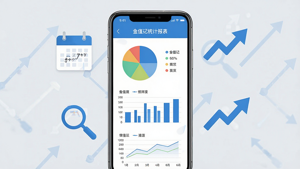 金值记账统计报表功能展示,画面中央是手机屏幕,屏幕上显示多种图表,包括彩色饼图、柱状图和折线图,图表数据清晰可读,手机周围漂浮着日历、放大镜、趋势箭头等图标,背景是淡雅的浅灰色,整体风格专业简洁,蓝白配色,画质干净,无多余元素