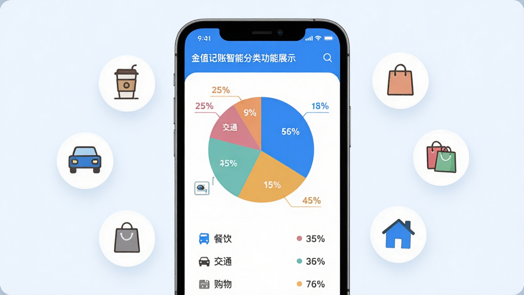 金值记账智能分类功能展示,画面中央是手机屏幕,屏幕上显示饼状图和数据列表,饼状图用不同颜色区分餐饮、交通、购物等消费类别,旁边有清晰的百分比数字和分类图标,手机周围漂浮着各种消费场景的小图标如咖啡杯、汽车、购物袋、房子,整体风格清新简洁,蓝白配色,画质干净,无多余元素