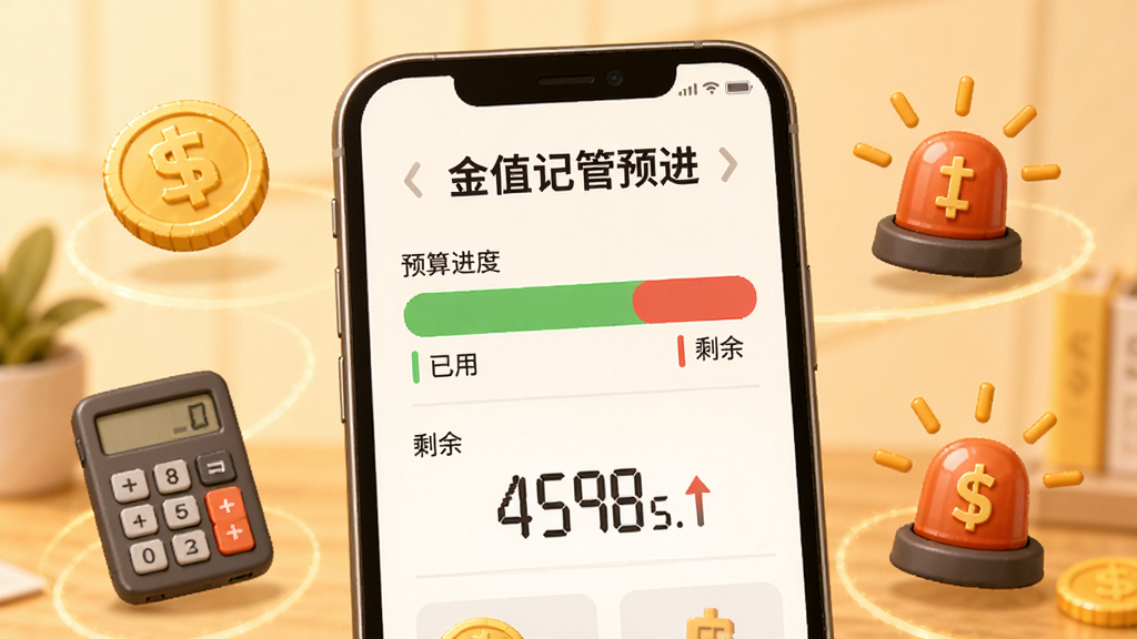 金值记账预算管理功能展示,画面中手机屏幕显示预算进度条和剩余金额数字,进度条用绿色和红色区分已用和剩余部分,手机周围环绕着金币、计算器、警示灯等图标,背景是温馨的暖色调,整体风格友好亲切,画质干净,无多余元素