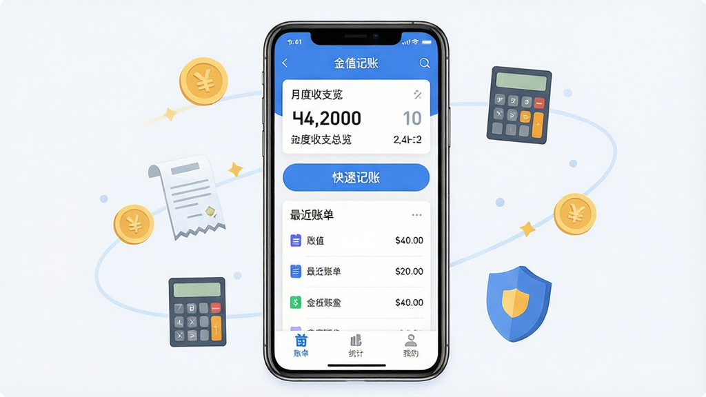 金值记账应用主界面全貌展示,画面中央是一部手机屏幕,屏幕上显示金值记账APP的记账首页,界面以蓝白配色为主,顶部显示月度收支总览数字,中间是快速记账按钮和最近账单列表,底部是账单、统计、我的三个导航标签,手机周围环绕金币、账单、计算器、盾牌等图标元素,整体风格简洁现代,扁平化设计,画质干净清晰,无多余元素