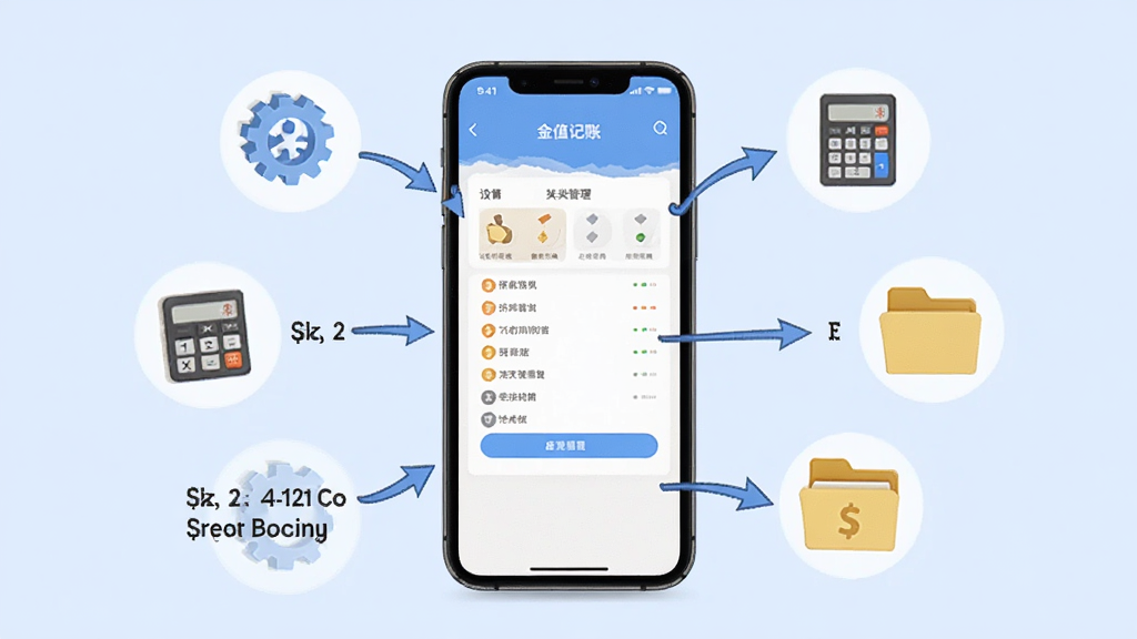 金值记账使用教程示意图,画面中一部手机屏幕显示分类管理界面,旁边有箭头和文字标注指示操作步骤,手机周围漂浮着设置齿轮、预算计算器、备份文件夹等图标,背景是简洁的浅蓝色,整体风格清晰易懂,画质干净,无多余元素