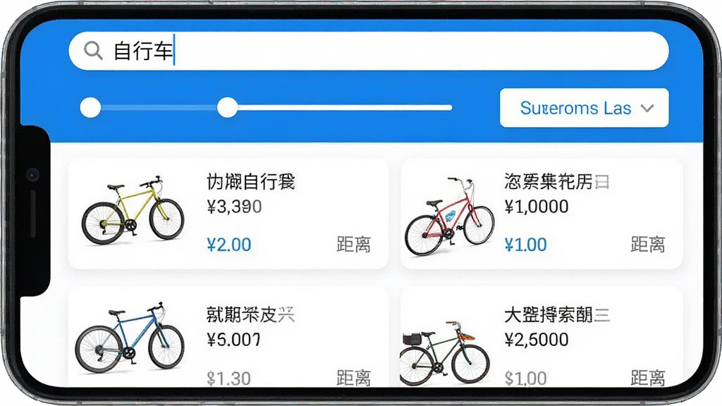 �ֻ�Ӧ�ý�ͼչʾ����ɸѡ���棬�������������롰���г������·��м۸����们��;���ɸѡ��ť���б���ʾ������г���Ʒ��Ƭ��ÿ�ſ�Ƭ��ͼƬ�����⡢�۸�;��룬�������࣬������ɫ����ƽ����񣬸��廭��