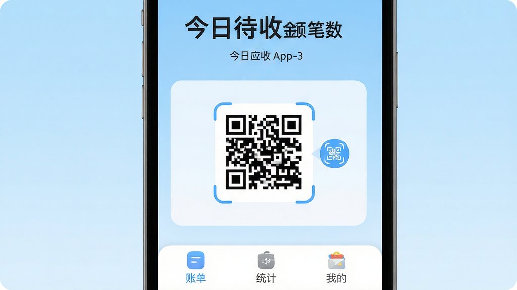 �ֻ���Ļ��������ʾ��Ӧ��App������ ��������д�Ž��մ��ս��ͱ��� �м�����Ŀ���տ��ά���ɨ��ͼ�� �ײ�����ѡ��ֱ����˵� ͳ�� �ҵ� ������ǳ��ɫ���� ����ִ���ƽ�� ͼ��Բ�� ���廭�ʸɾ��޶���Ԫ�� �������� ���ֱ�ǩ��ȷ