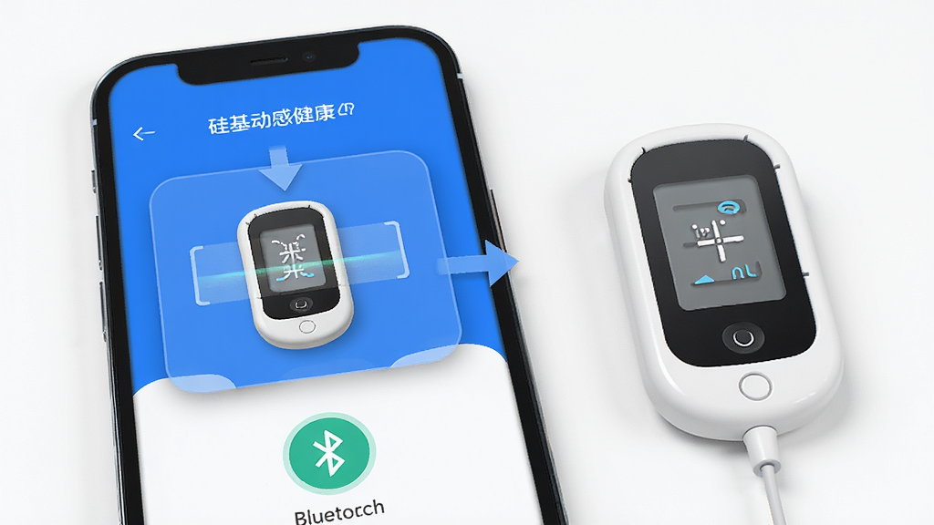 ������н���App����ʹ�ò���ʾ��ͼ������չʾһ���ֻ��Ա߷��Ŷ�̬Ѫ�Ǵ��������ֻ���Ļ����ʾɨ�贫�����Ķ�������������ͼ�꣬�����м�ͷ�����û���������������죬��ɫ���ף������ɾ������������޶���Ԫ��