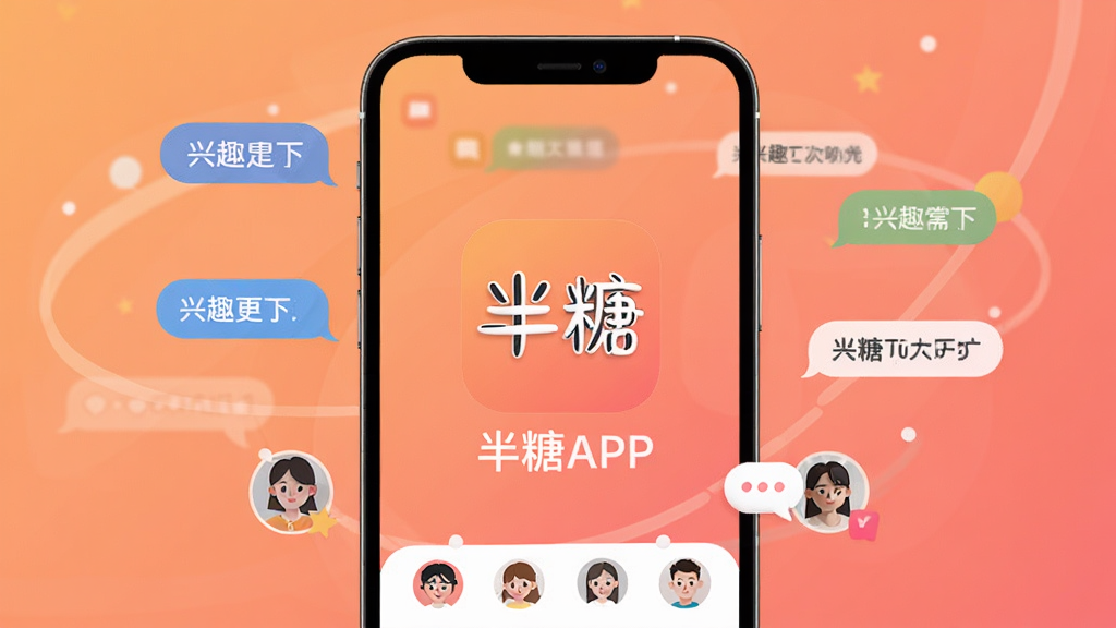 半糖APP主界面全貌展示,手机屏幕中央显示半糖应用图标和名称,背景是温暖的橙粉色渐变,周围环绕着聊天气泡、兴趣标签、用户头像等元素,整体风格清新简洁,扁平化设计,画质干净无多余元素
