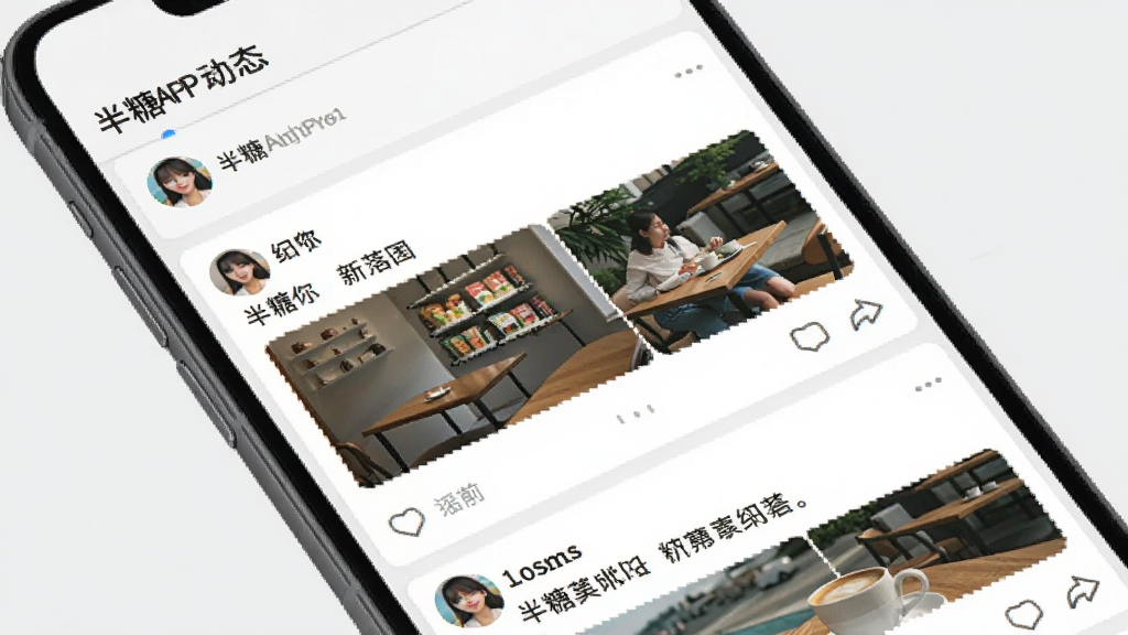 半糖APP动态广场界面展示,手机屏幕显示用户发布的图文动态列表,每条动态有头像、昵称、文字内容、配图和互动按钮,背景是白色和浅灰色搭配,界面排版清晰,画质干净无多余元素