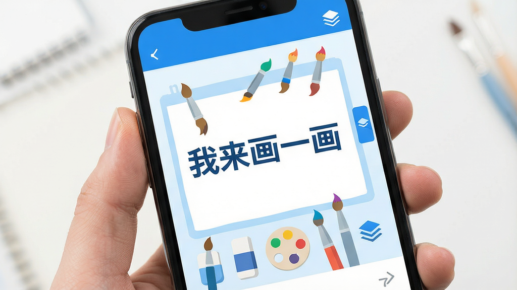 一张手机屏幕展示绘画应用的界面,画面中央显示“我来画一画”文字标题,背景是干净明亮的画板,画笔、橡皮擦、调色盘、图层图标整齐排列,风格清新扁平化,颜色以蓝白为主点缀彩色画笔,画质清晰干净,无多余元素