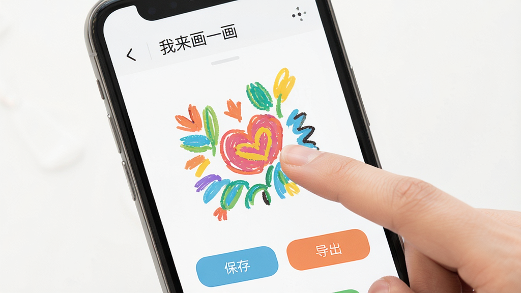 一张手机屏幕展示“我来画一画”绘画过程的截图风格图,画面中手指正在绘制彩色图案,旁边有“保存”和“导出”按钮,界面干净明亮,风格扁平化,画质清晰,无多余元素