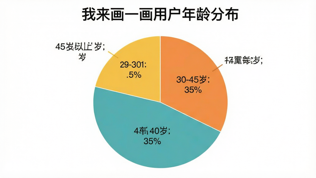 一张用户年龄分布饼状图,标题为“我来画一画用户年龄分布”,饼图分为三块:18-30岁占40%,30-45岁占35%,45岁以上占25%,配色清晰,标签明确,风格简洁现代,画质干净,无多余元素