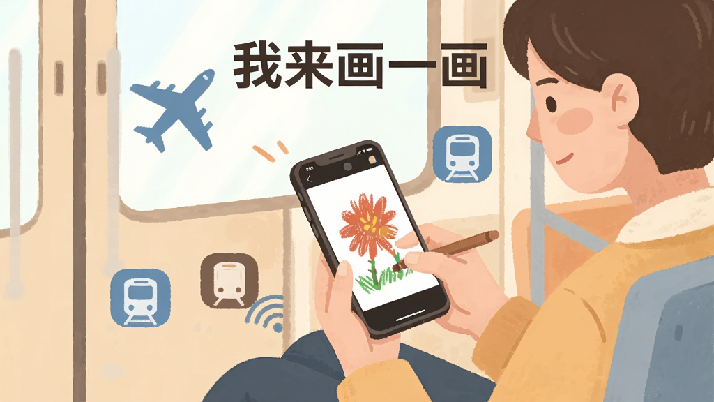 一张展示“我来画一画”离线使用场景的插画,画面中一个人坐在地铁车厢里用手机画画,屏幕显示绘画界面,旁边有飞机和地铁图标表示无网络环境,风格温馨扁平,颜色柔和,画质清晰,无多余元素