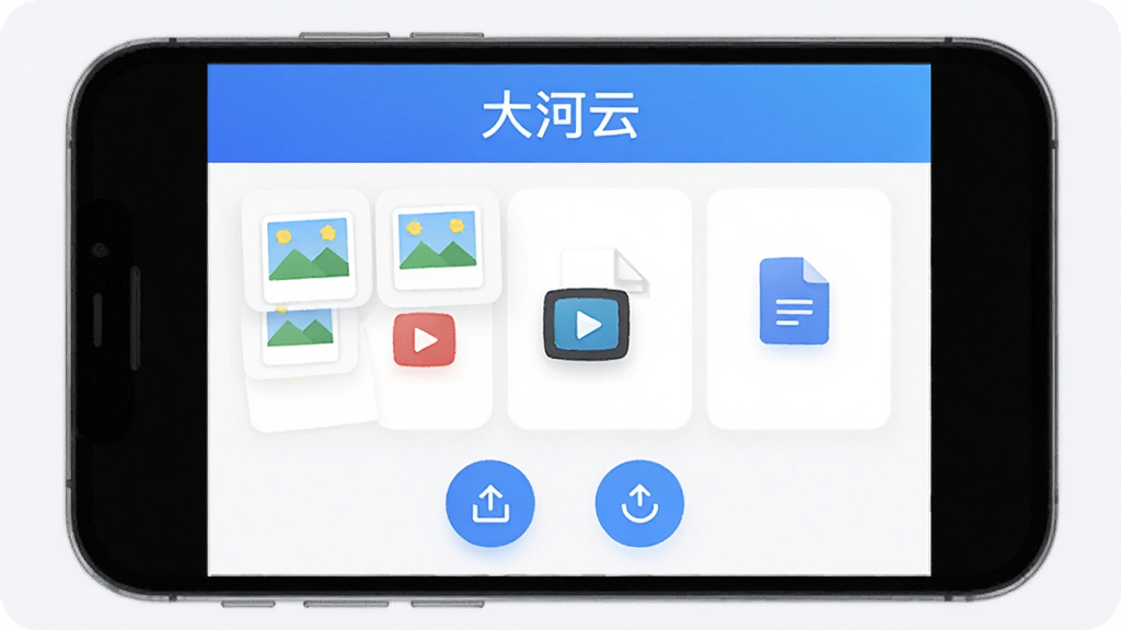 �ֻ���Ļ����չʾ�����App�����棬�Ϸ�����ɫ���������д�š�����ơ����м����ļ��б�������ʾ��Ƭ����Ƶ���ĵ�ͼ�꣬�ײ����ϴ���ͬ������Բ�ΰ�ť�����岼�ּ������������ִ���ƽ������Ϊǳ�Ұ�ɫ�����ʸɾ��޶���Ԫ��