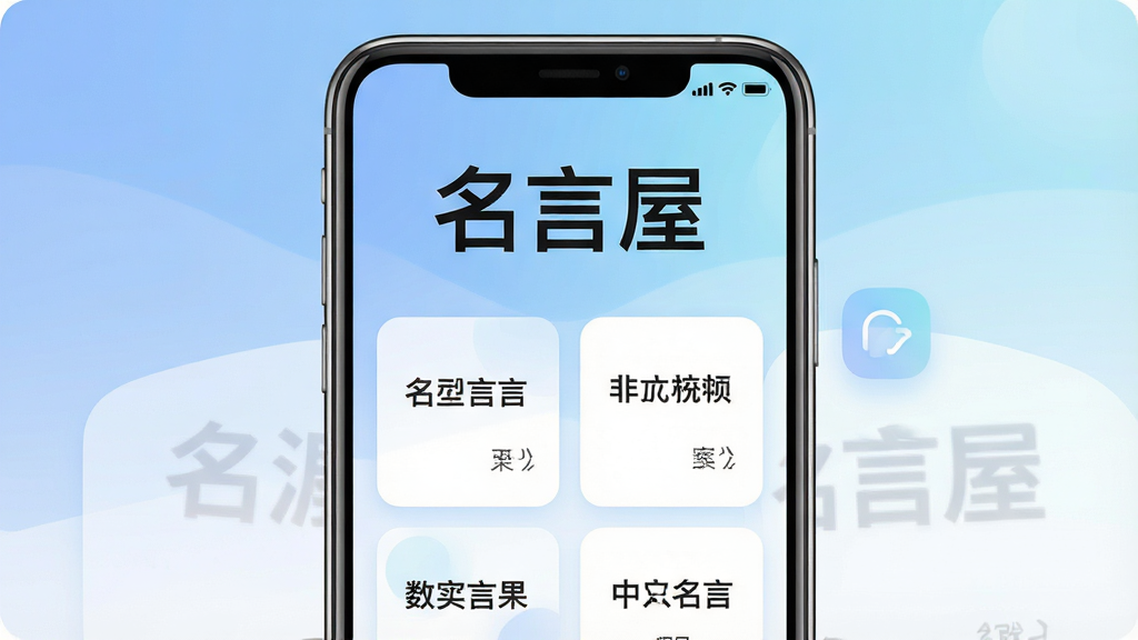 一张展示名言屋手机App主界面的图片,画面中央是手机屏幕,屏幕内显示“名言屋”三个大字作为App标题,标题下方排列着几张简洁的名言卡片,卡片上有中文名言文字,背景是柔和的蓝白渐变色调,整体布局清晰干净,风格现代扁平化,细节圆润,画质高清,无多余元素