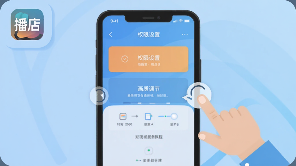 播店APP使用教程示意图,画面为手机屏幕,屏幕上显示“权限设置”和“画质调节”两个选项的界面,旁边有手指点击的动画示意,屏幕角落有“播店”图标,风格为扁平化教程风,配色清晰,画质干净