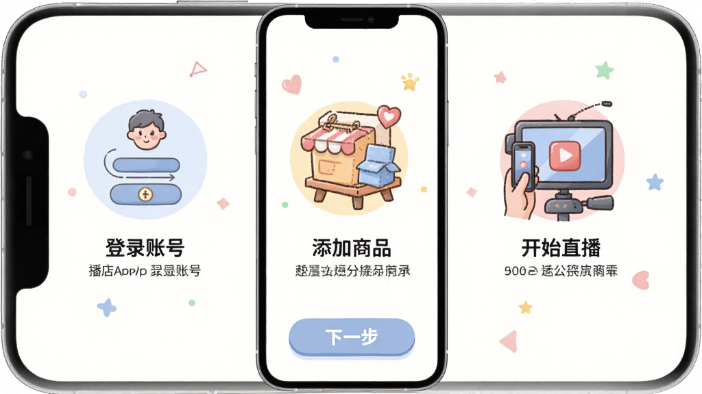 播店APP新手引导页面,画面为手机屏幕,屏幕上有三个步骤的引导图示,分别是“登录账号”、“添加商品”和“开始直播”,每个步骤配有简单的插画和文字说明,屏幕底部有“下一步”按钮,风格为卡通扁平化,配色柔和,画质干净清晰
