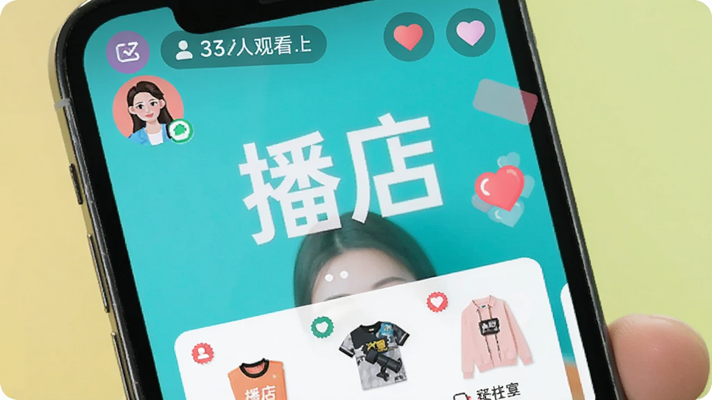 播店APP直播界面特写,画面展示手机屏幕正在直播中,屏幕上方有实时观看人数和点赞动画,下方是商品列表浮窗,主播头像位于角落,画面中清晰可见“播店”字样,风格为现代扁平化,配色明亮,细节清晰,画质干净无多余元素