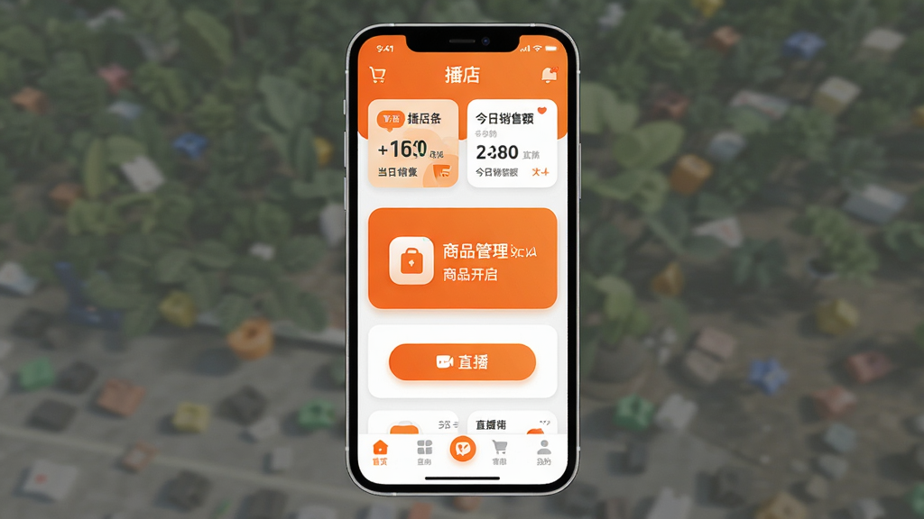 播店APP主界面全貌展示,画面中央是手机屏幕,屏幕内显示“播店”APP的首页,顶部有店铺名称和今日销售额数据卡片,中间是醒目的商品管理入口和直播开启按钮,底部导航栏清晰,整体布局简洁现代,风格为扁平化设计,配色以橙色和白色为主,细节圆润,画质干净清晰,无多余元素