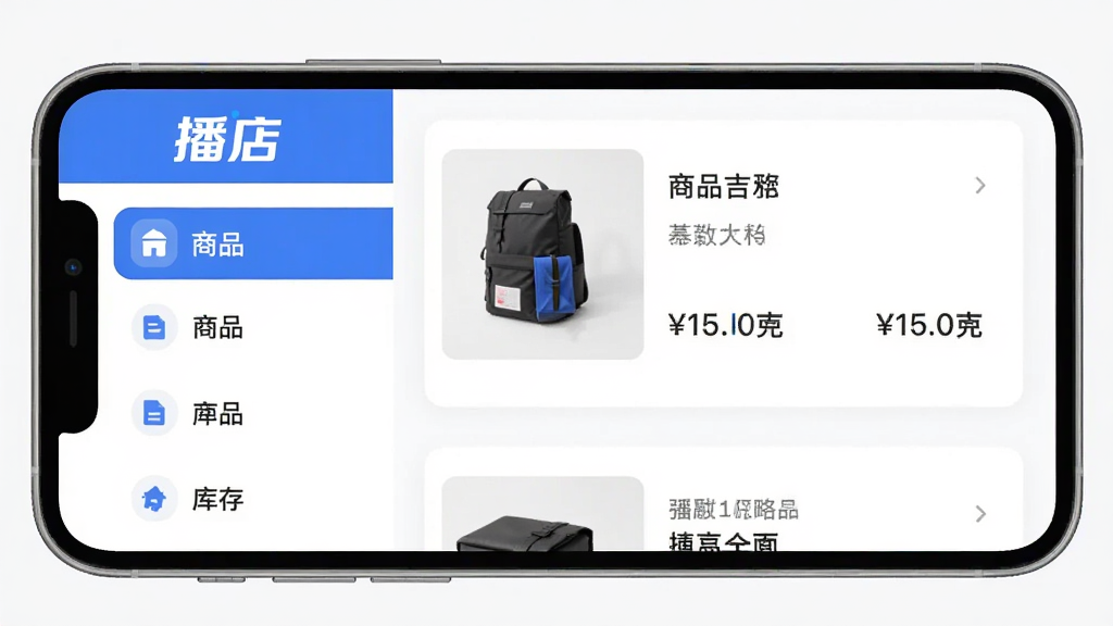 播店APP商品管理界面展示,画面为手机屏幕截图,左侧是商品分类列表,右侧是商品详情卡片,卡片上有商品图片、名称、价格和库存数量,屏幕顶部有“播店”LOGO,风格为现代商务扁平化,配色以蓝色和白色为主,布局清晰,画质干净