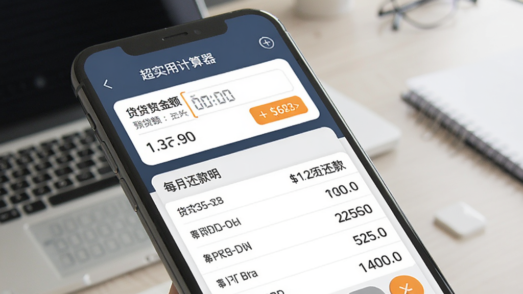 展示“超实用计算器”房贷计算功能界面的图片,主体为手机屏幕显示贷款金额和还款计划表,布局采用卡片式设计,上方是输入区域,下方是每月还款明细列表,风格简约商务,细节上数字清晰可辨,画质干净无多余元素