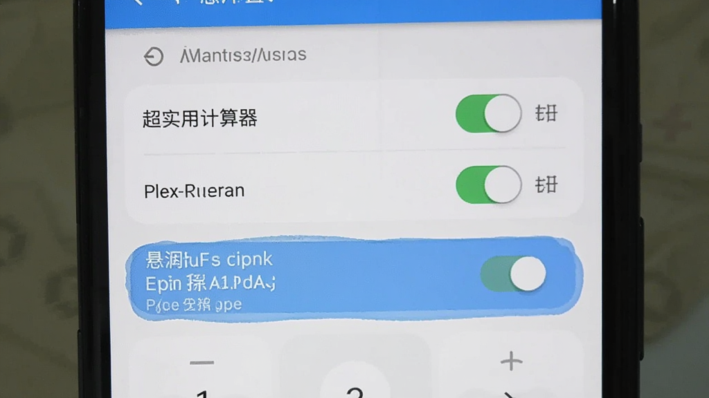 展示“超实用计算器”权限设置和悬浮窗开启步骤的图片,主体为手机屏幕显示应用权限管理界面,布局从上到下依次排列权限开关,风格系统原生扁平,细节上悬浮窗权限高亮显示,画质干净无多余元素