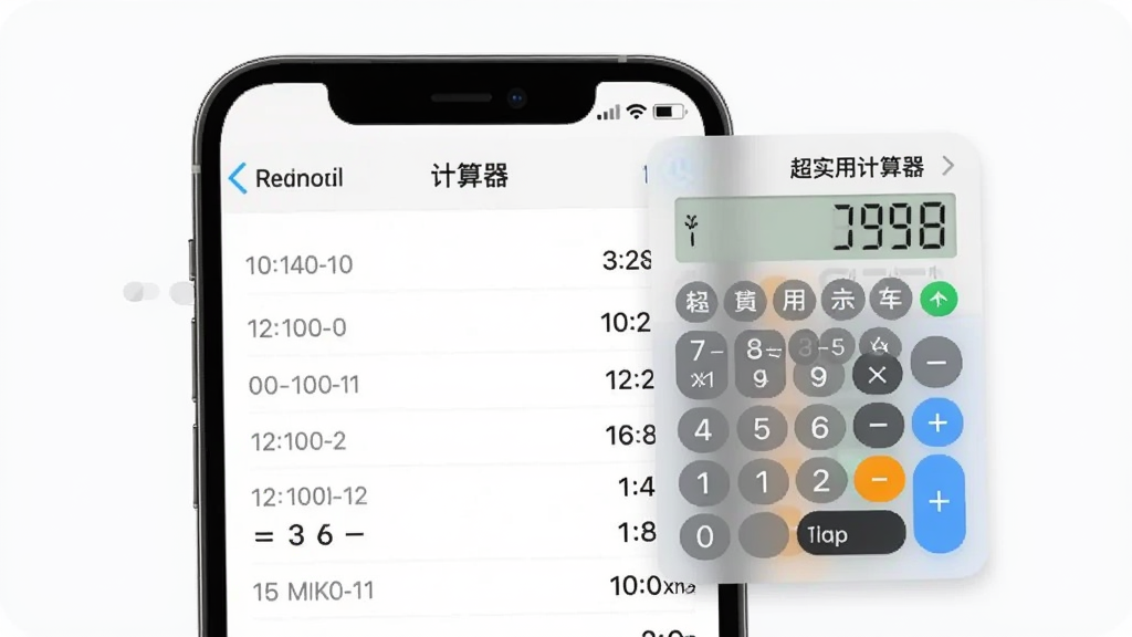 展示“超实用计算器”历史记录与悬浮窗功能的图片,主体为手机屏幕显示历史算式列表和一个悬浮的小计算器窗口,布局左右分栏,风格清爽简洁,细节上历史记录按时间排列,悬浮窗半透明,画质干净无多余元素