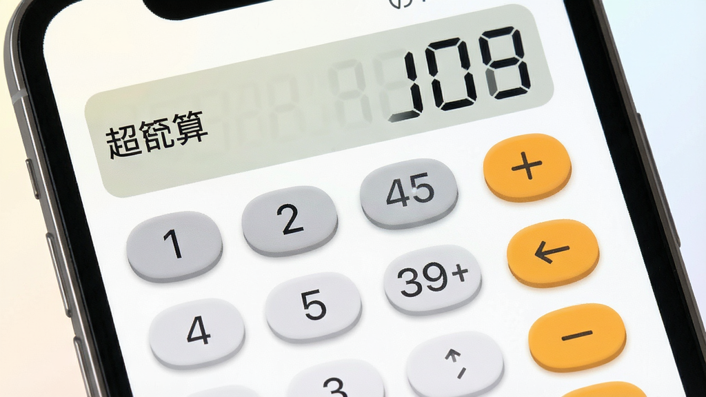 一张展示“超实用计算器”手机应用主界面的产品宣传图,主体是手机屏幕显示简洁的计算器界面,数字键盘和显示屏清晰可见,布局采用居中排版,风格现代扁平化,细节上按键圆润有质感,背景为浅色渐变,画质干净清晰无多余元素