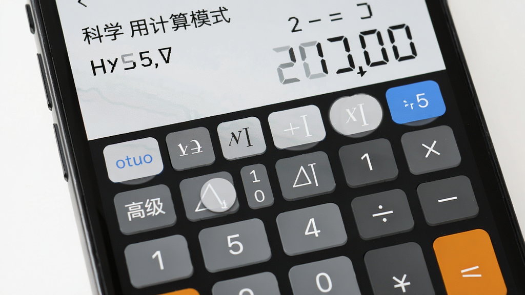展示“超实用计算器”科学计算模式界面的图片,主体为手机屏幕显示三角函数和高级运算按钮,布局上下分层,屏幕上方显示运算结果,下方是密集的按键区域,风格科技感扁平,细节上按键有轻微按压反馈效果,画质干净无多余元素