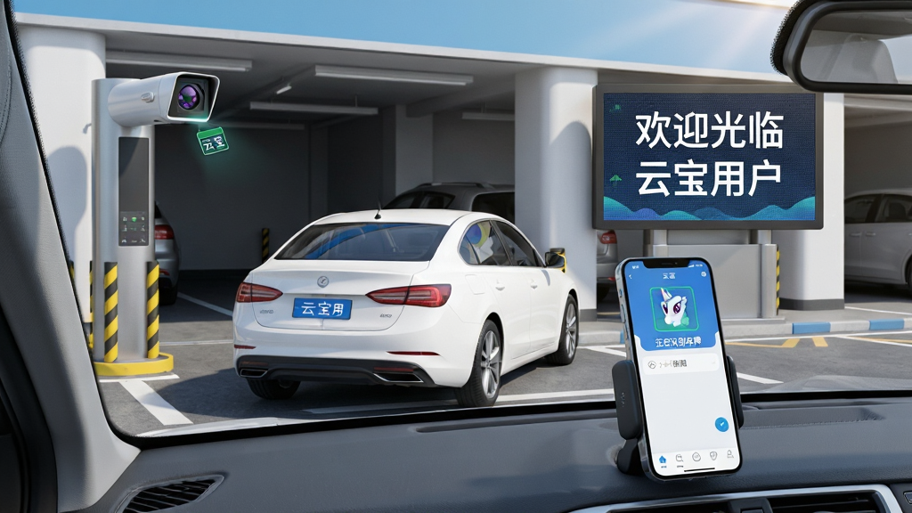 һ��չʾ���Ʊ���APP��ͣ����ʵ��ʹ�ó�����ʾ��ͼ��������һ����ɫ�γ�������ʻ��ͣ������ڣ���ڴ�������ͷ����ʶ���ƣ��Ա�����һ�������ʾ����ʾ����ӭ���� �Ʊ��û����������ӽǿ��Կ����ֻ�֧���ϵġ��Ʊ���APP������ʾ������ʶ���ơ���������дʵ������������ϸ�����������ʸɾ��޶���Ԫ��