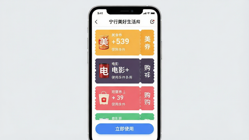 ������������App�Ż�ȯ��ȡ���������չʾ���������ֻ���Ļ��ʾ������������App���Ż�ȯ�б�ҳ�棬���Ų�ͬ��ɫ���Ż�ȯ�������У�������ʳȯ����Ӱȯ������ȯ�ȣ�ÿ��ȯ��������ע�Żݽ���ʹ���������ײ�������ʹ�ð�ť�������Ǽ�Լ��ǳ��ɫ������ִ���ƽ��ϸ��Բ�󣬻��ʸɾ��޶���Ԫ��