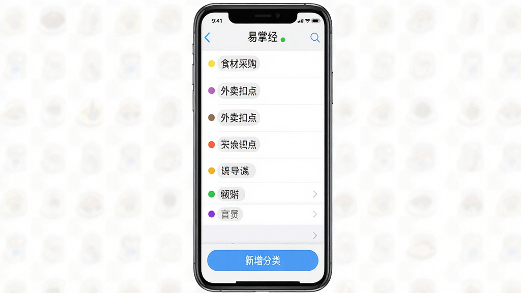 һ�š����ƾ����Զ���������ý�����ֻ���ͼ����������Ϊ�ֻ���Ļ������Ϊ�����б������Ӱ�ť���б�����ʾ��ʳ�Ĳɹ����������۵㡱���Զ����ǩ���Ű����棻�����ˬ�����ࣻϸ����ÿ������ǰ�в�ɫԲ�㣬�ײ��С��������ࡱ��ť�����ʸ��壬�ɾ��޶���Ԫ�ء�