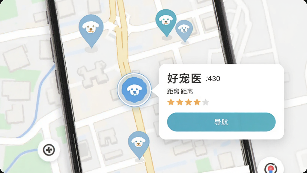 �ó�ҽ ����ҽԺ�������棬�ֻ���Ļ��ʾ��ͼģʽ�������ж������ҽԺ��λͼ�꣬����һ��ͼ�걻���������Ϣ��Ƭ����ʾҽԺ���ơ����롢���ֺ͵�����ť�������ǳ��нֵ���ͼ������ƽ�������ʸɾ�
