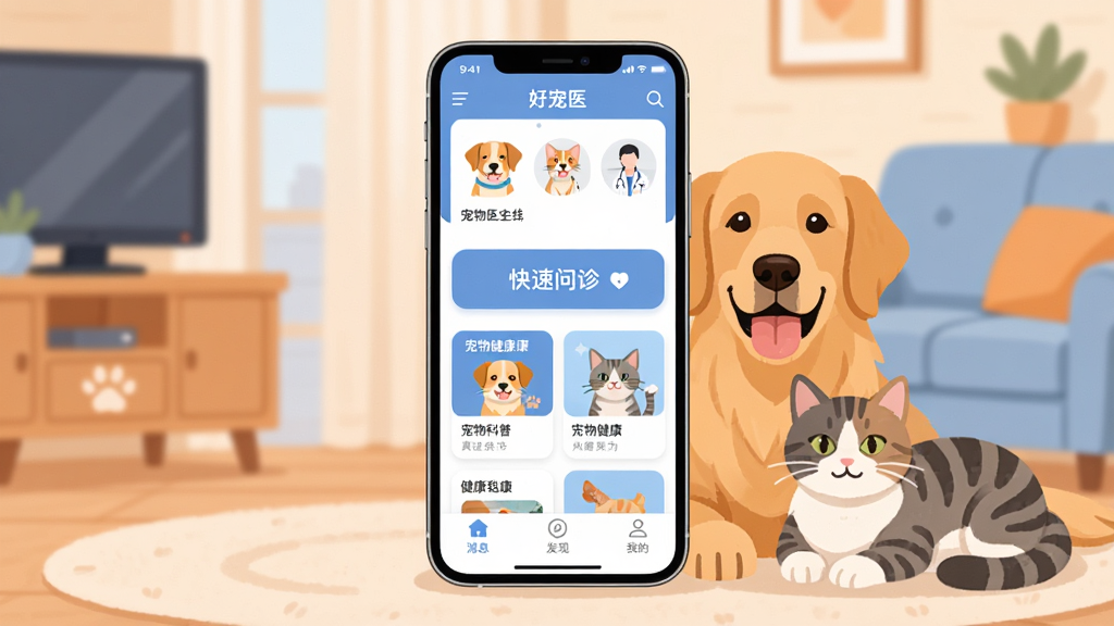 �ó�ҽ Ӧ�ý���ȫ��չʾͼ������������һ�������ֻ�����Ļ��ʾ�ó�ҽAPP��ҳ�������г���ҽ�������б����м��ǿ���������ںͳ��｡�����տ�Ƭ���ײ�Ϊ��Ϣ�����֡��ҵĵ���������������ܰ�ľӼһ�����һֻ��ëȮ��һֻè��ſ���ֻ��Աߣ������ů��ƽ����ɫ������͵���ɫ�ͳ�ɫΪ����ϸ�����������ʸɾ��޶���Ԫ��
