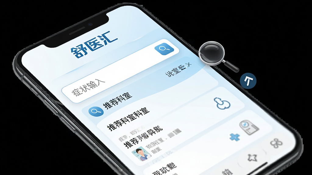 一张舒医汇智能科室导航功能的界面截图,手机屏幕显示症状输入框和推荐科室列表,顶部有“舒医汇”Logo,背景是白色和浅蓝色渐变,画面中有放大镜和箭头引导视觉,风格简洁医疗风,排版上下结构,细节清晰,画质干净无多余元素。