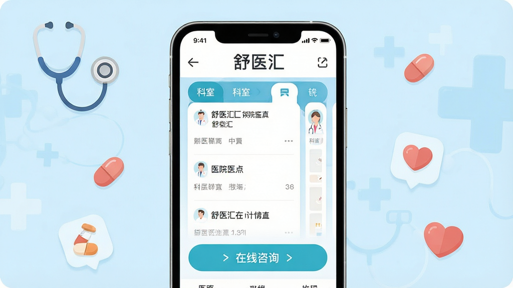 一张展示舒医汇App核心界面的图片,画面中央是手机屏幕,屏幕内显示舒医汇的首页,包含医院列表、科室导航和在线咨询入口,背景是干净的浅蓝色医疗风格,周围点缀听诊器、药丸和爱心图标,布局清晰,排版居中,风格现代扁平化,细节圆润,画质干净无多余元素,文字“舒医汇”清晰可见。