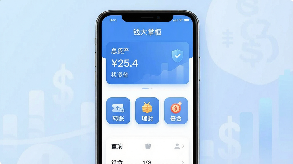 һ�Ž���������App�Ľ���չʾͼ�������������ֻ���Ļ����Ļ����ʾ��Ǯ���ƹ�App����ҳ����ҳ�Ϸ������ʲ���Ƭ���м���ת�ˡ����ơ������ͼ�갴ť������Ϊǳ��ɫ���䣬������ִ���ƽ����ϸ��Բ�󣬻��ʸɾ��޶���Ԫ�أ�����ɫ��������Ϊ����ͻ����ȫ�ɿ��Ľ��ڷ�Χ